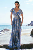 Grey Blue A-Line V Neck Floral Printed Burnout Velvet Bridesmaid Dress