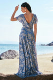 Grey Blue A-Line V Neck Floral Printed Burnout Velvet Bridesmaid Dress