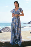 Grey Blue A-Line Floral Printed Burnout Velvet Bridesmaid Dress with Sash