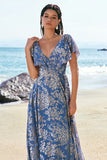 Grey Blue A-Line Floral Printed Burnout Velvet Bridesmaid Dress with Sash