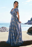 Grey Blue A-Line Floral Printed Burnout Velvet Bridesmaid Dress with Sash