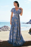 Grey Blue A-Line Floral Printed Burnout Velvet Bridesmaid Dress with Sash