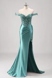 Grey Green Off the Shoulder Sequined Satin Mermaid Prom Dress with Slit