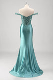 Grey Green Off the Shoulder Sequined Satin Mermaid Prom Dress with Slit