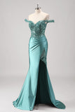 Grey Green Off the Shoulder Sequined Satin Mermaid Prom Dress with Slit