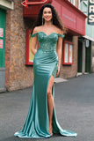 Grey Green Corset Sequined Satin Mermaid Prom Dress with Slit