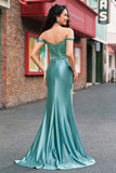 Grey Green Corset Sequined Satin Mermaid Prom Dress with Slit