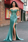 Grey Green Corset Sequined Satin Mermaid Prom Dress with Slit