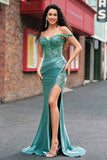 Grey Green Corset Sequined Satin Mermaid Prom Dress with Slit