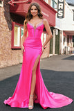 Gorgeous Fuchsia Mermaid Corset Sweep Train Prom Dress with Sequins