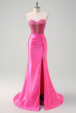 Fuchsia Strapless Sweetheart Satin Mermaid Prom Dress with Slit