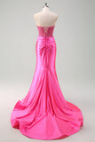 Fuchsia Strapless Sweetheart Satin Mermaid Prom Dress with Slit