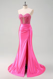 Fuchsia Strapless Sweetheart Satin Mermaid Prom Dress with Slit