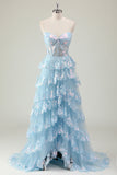 Sparkly Blue A Line Sequins Strapless Tiered Long Prom Dress