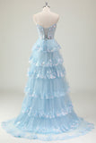 Sparkly Blue A Line Sequins Strapless Tiered Long Prom Dress