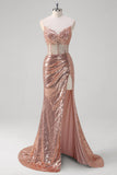 Rose Golden Strapless V-Neck Sequined Mermaid Prom Dress with Slit