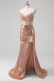 Rose Golden Strapless V-Neck Sequined Mermaid Prom Dress with Slit