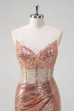 Rose Golden Strapless V-Neck Sequined Mermaid Prom Dress with Slit