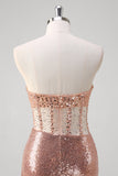 Rose Golden Strapless V-Neck Sequined Mermaid Prom Dress with Slit