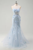 Blue Applique Mermaid Tulle Prom Dress with Beading