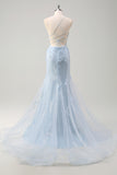 Blue Applique Mermaid Tulle Prom Dress with Beading