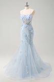 Blue Applique Mermaid Tulle Prom Dress with Beading