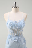 Blue Applique Mermaid Tulle Prom Dress with Beading