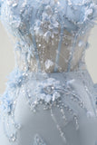 Blue Applique Mermaid Tulle Prom Dress with Beading