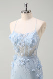 Blue Applique Mermaid Tulle Prom Dress with Beading