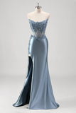 Grey Blue Strapless Applique Satin Beaded Mermaid Prom Dress with Slit