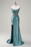 Grey Green Strapless Sequined Mermaid Satin Prom Dress with Slit