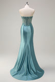 Grey Green Strapless Sequined Mermaid Satin Prom Dress with Slit