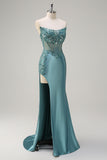 Grey Green Strapless Sequined Mermaid Satin Prom Dress with Slit