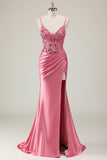 Sparkly Coral Mermaid Sequins Spaghetti Straps Corset Prom Dress with Slit