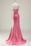 Sparkly Coral Mermaid Sequins Spaghetti Straps Corset Prom Dress with Slit