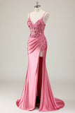 Sparkly Coral Mermaid Sequins Spaghetti Straps Corset Prom Dress with Slit