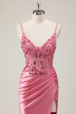 Sparkly Coral Mermaid Sequins Spaghetti Straps Corset Prom Dress with Slit