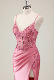 Sparkly Coral Mermaid Sequins Spaghetti Straps Corset Prom Dress with Slit