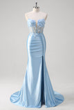 Blue Strapless Corset Applique Satin Mermaid Prom Dress with Slit