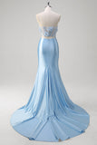 Blue Strapless Corset Applique Satin Mermaid Prom Dress with Slit