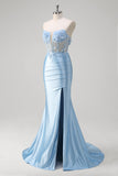 Blue Strapless Corset Applique Satin Mermaid Prom Dress with Slit