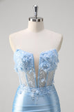 Blue Strapless Corset Applique Satin Mermaid Prom Dress with Slit