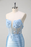 Blue Strapless Corset Applique Satin Mermaid Prom Dress with Slit