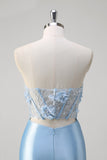 Blue Strapless Corset Applique Satin Mermaid Prom Dress with Slit