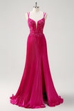 Fuchsia Beaded A-Line Ruched Prom Dress with Slit