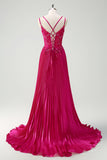 Fuchsia Beaded A-Line Ruched Prom Dress with Slit