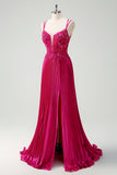 Fuchsia Beaded A-Line Ruched Prom Dress with Slit