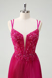 Fuchsia Beaded A-Line Ruched Prom Dress with Slit