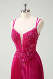 Fuchsia Beaded A-Line Ruched Prom Dress with Slit