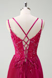 Fuchsia Beaded A-Line Ruched Prom Dress with Slit